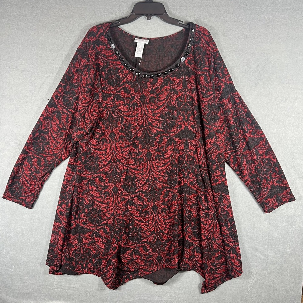 Catherines Women's 2X Plus Size Red Black Floral Damask Beaded Scoop Neck Tunic